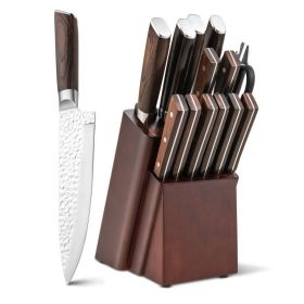15 Pieces Stainless Steel Knife Block Set with Ergonomic Handle - Silver, brown